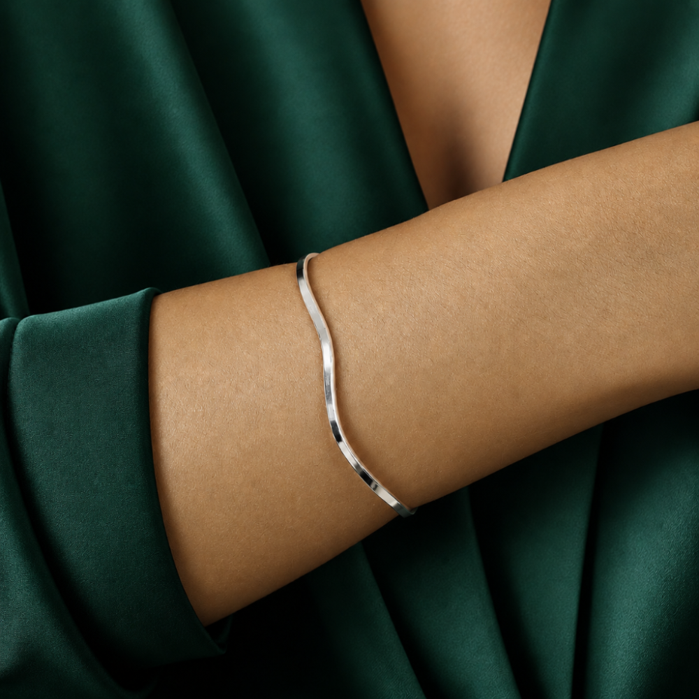 Pulseira Bracelete Ondulado em Prata 925 