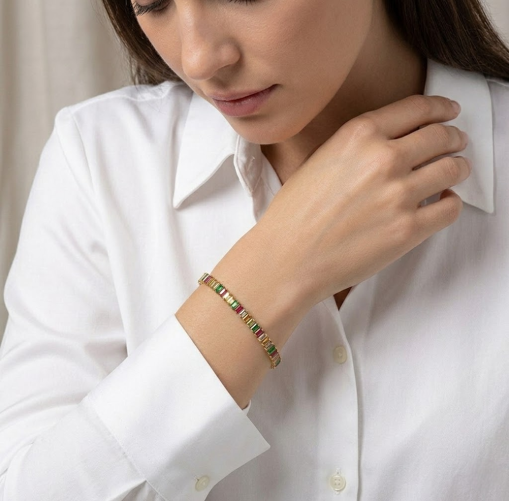 Pulseira Íris Dourada Pedras Coloridas